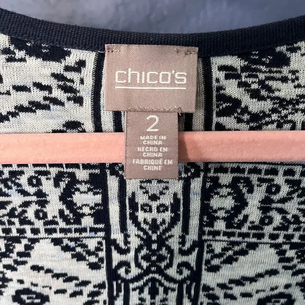 Chico’s Navy Blue White Print Cotton Open Front Cardigan 3/4 sleeve Size 2 M/L